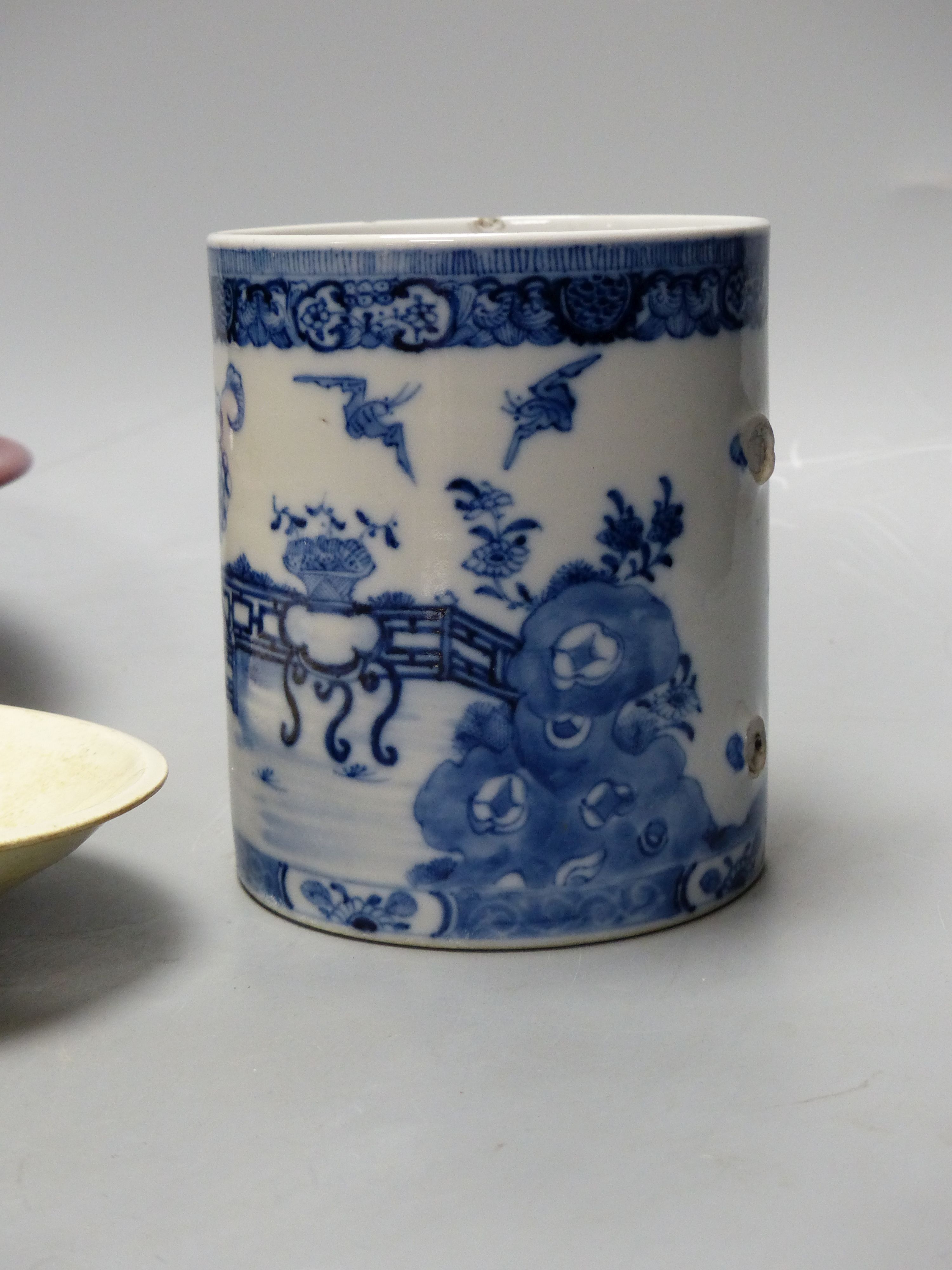 A Chinese blue and white mug, height 13cm, a bowl and a dish